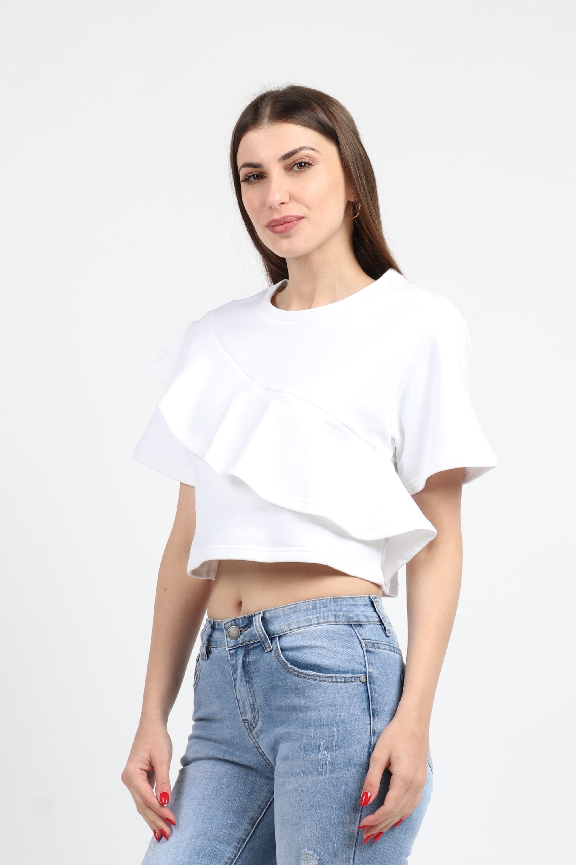 كيتشن بلوزة نص بطن كم قصير مع كشكشة نسائي