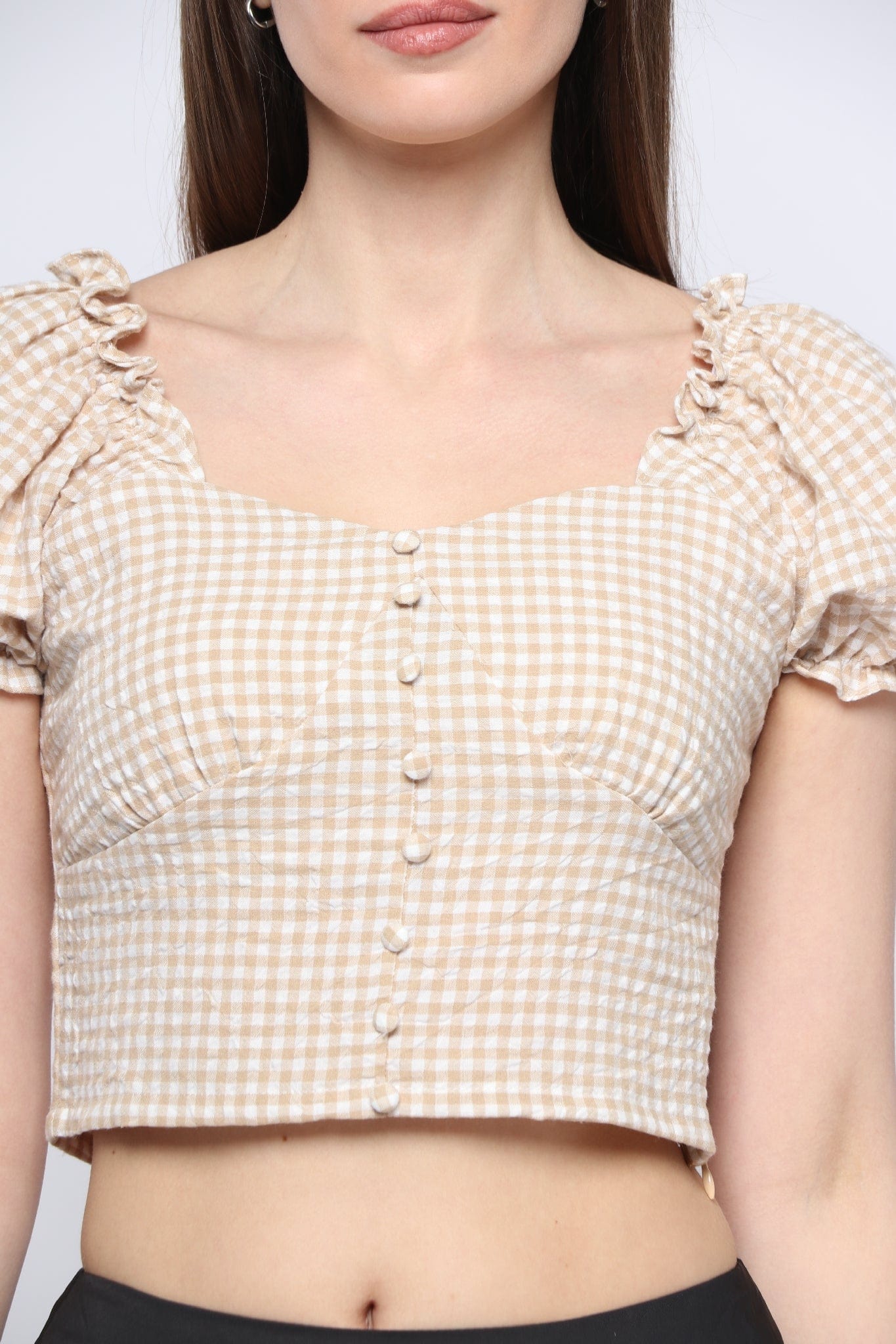 كيتشن بلوزة بأكمام قصيرة نص بطن بنمط مربع