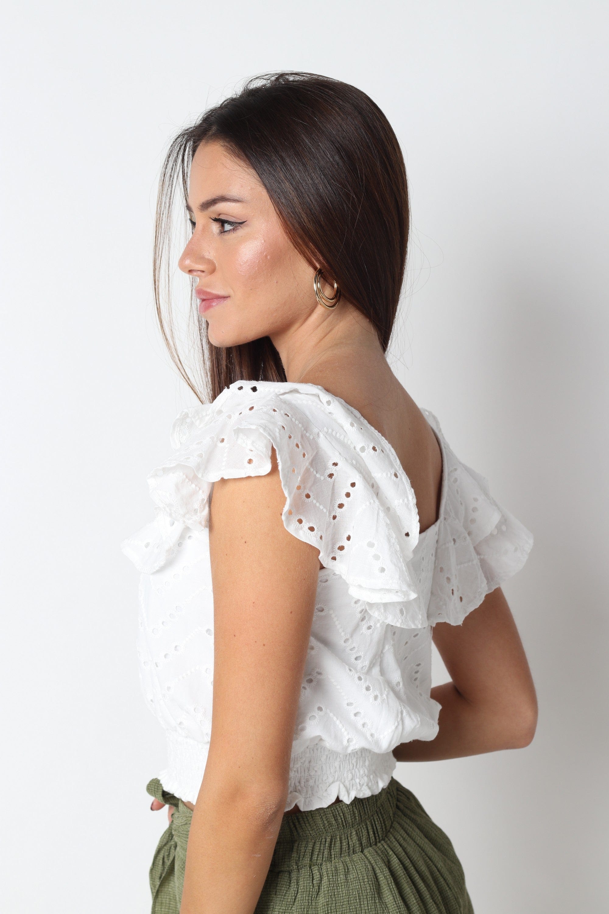 كيتشن بلوزة قصيرة الأكمام سادة مخرمة أبيض