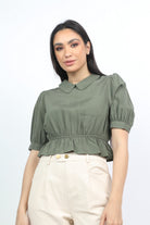 كيتشن بلوزة قصيرة الأكمام سادة بجيب أمامي