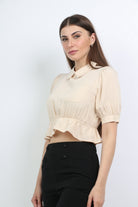 كيتشن بلوزة قصيرة الأكمام سادة بجيب أمامي