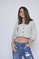 كيتشن قميص قصير مخطط بالطول بأزرار أمامية 3/4 كم منفوخ نسائي أخضر جيشي