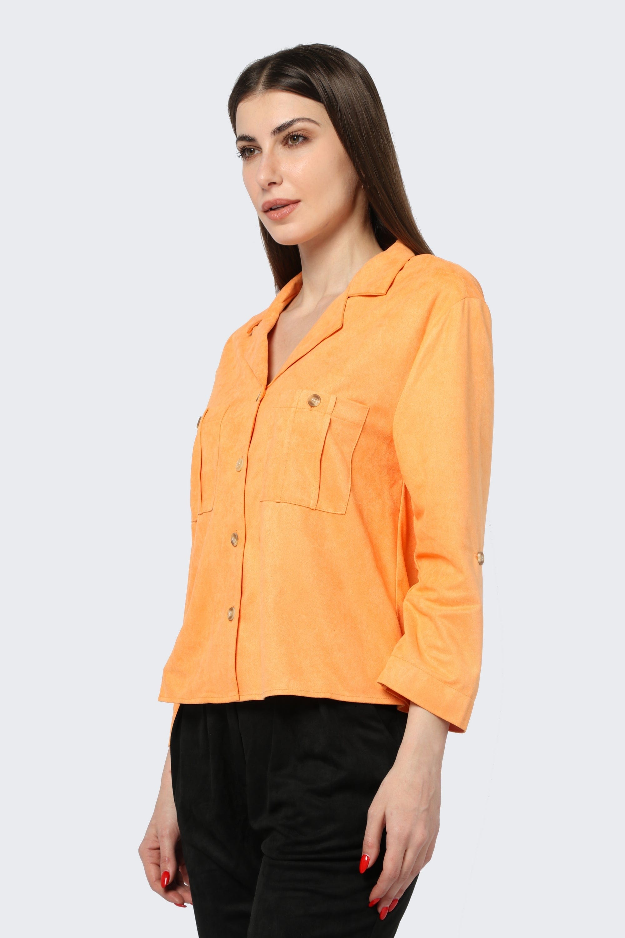 كيتشن بلوزة شمواه بأزرار أمامية وجيوب وياقة 3/4 كم نسائي