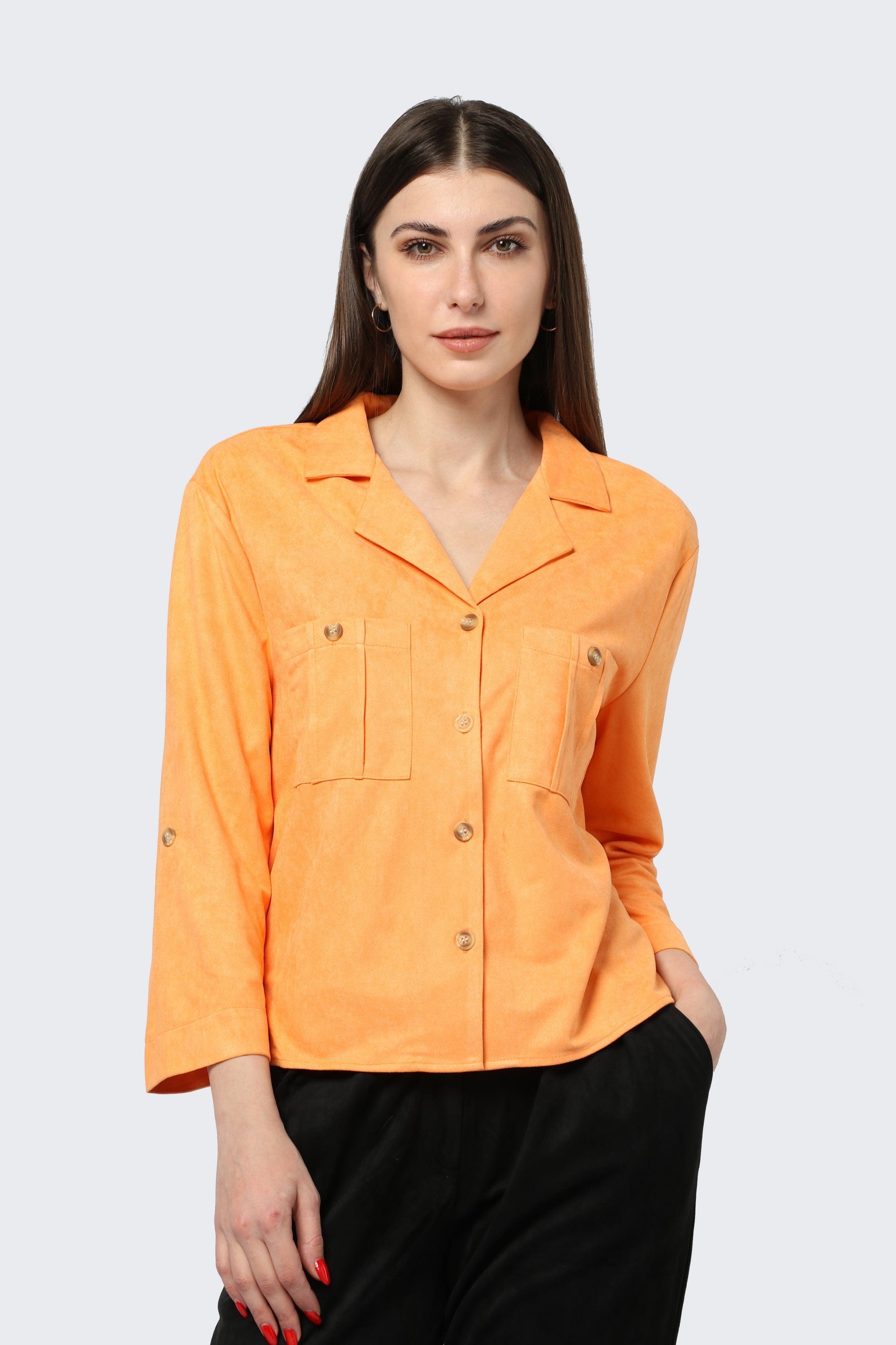 كيتشن بلوزة شمواه بأزرار أمامية وجيوب وياقة 3/4 كم نسائي