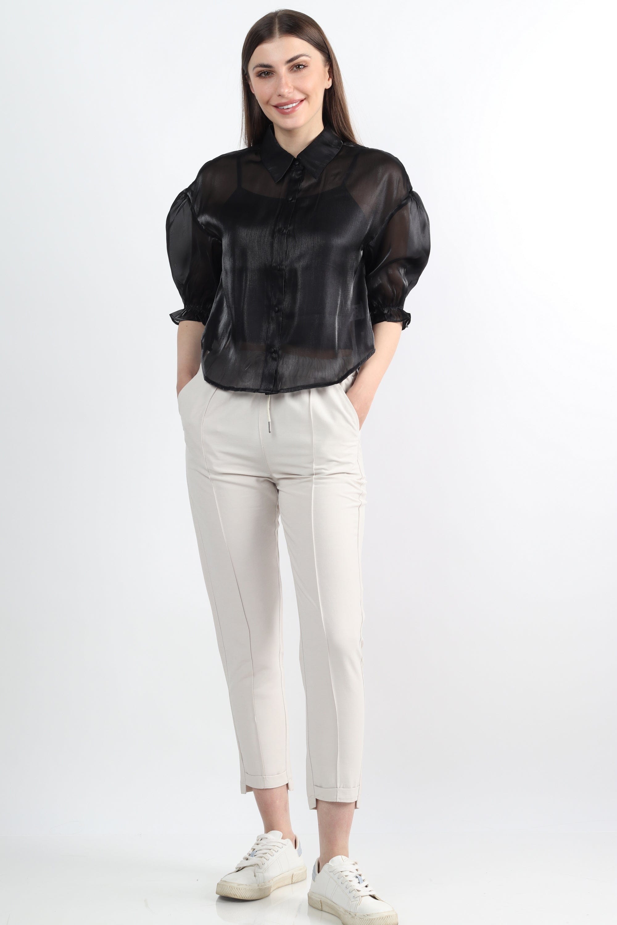 كيتشن بلوزة شفافة بأكمام 3/4 بف نسائي