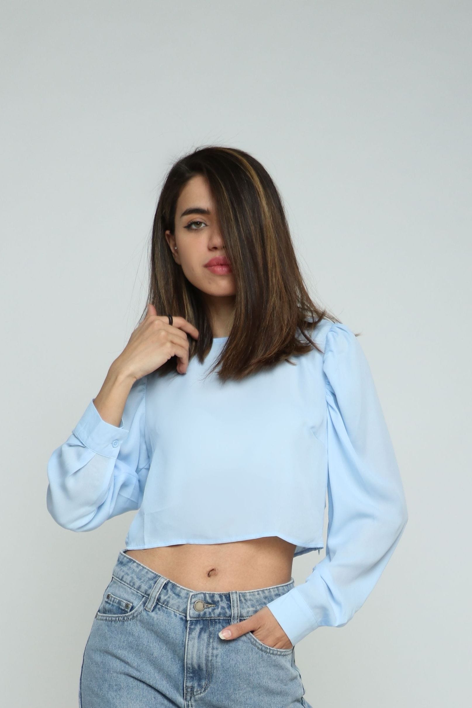 كيتشن بلوزة شيفون نص بطن بكم طويل نسائي