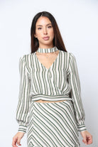 كيتشن بلوزة قصيرة مخططة بالطول كم طويل نسائي أخضر