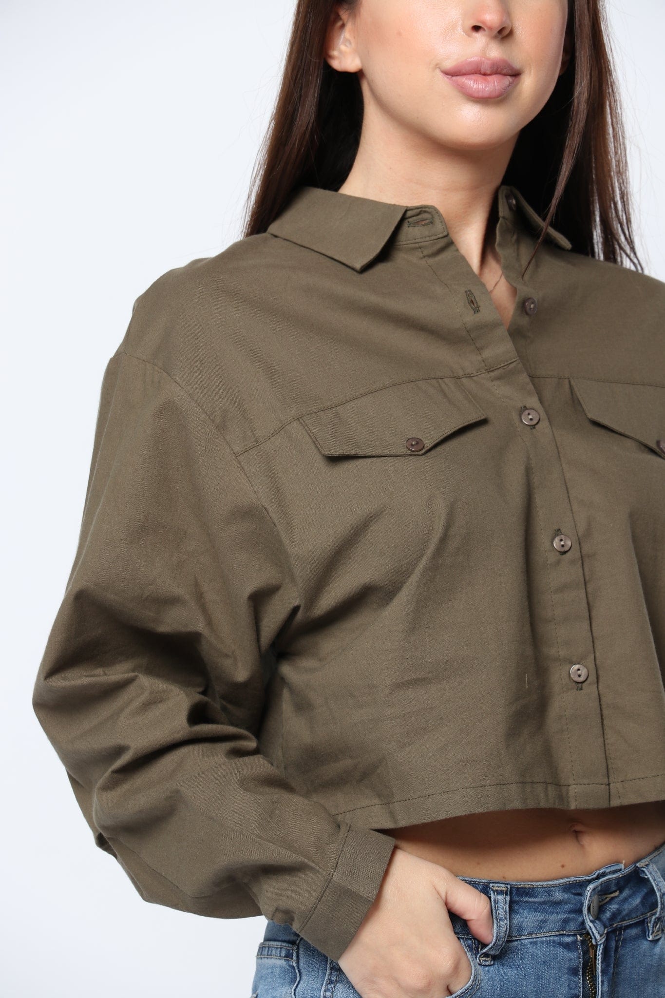 كيتشن بلوزة سادة بأزرار أمامية كم طويل نسائي