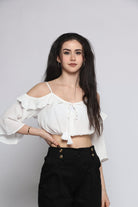 كيتشن بلوزة أوف شولدر سادة مكشكشة كم طويل نسائي