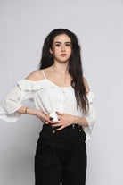 كيتشن بلوزة أوف شولدر سادة مكشكشة كم طويل نسائي