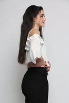 كيتشن بلوزة أوف شولدر سادة مكشكشة كم طويل نسائي