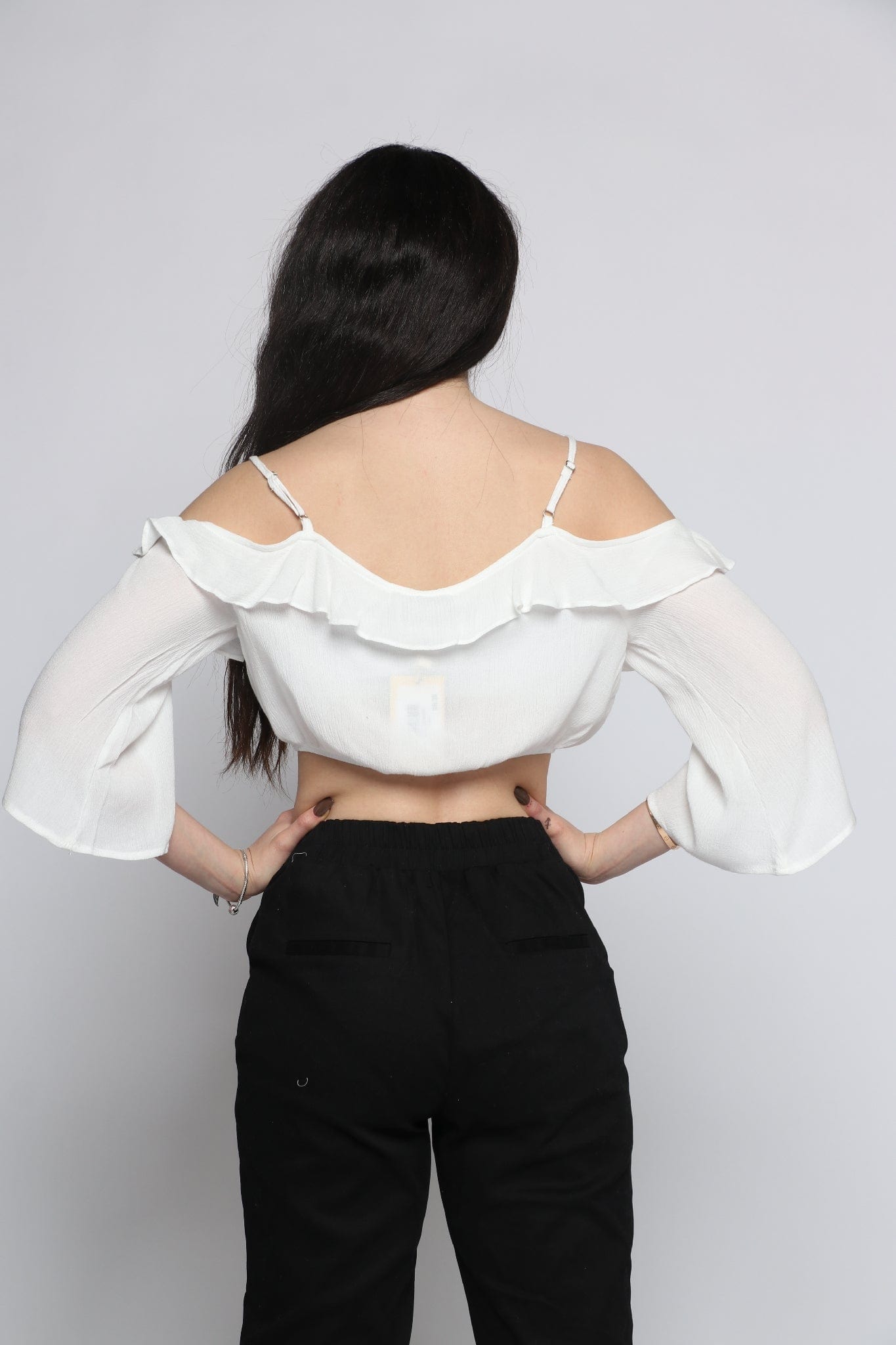 كيتشن بلوزة أوف شولدر سادة مكشكشة كم طويل نسائي