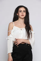 كيتشن بلوزة أوف شولدر سادة مكشكشة كم طويل نسائي