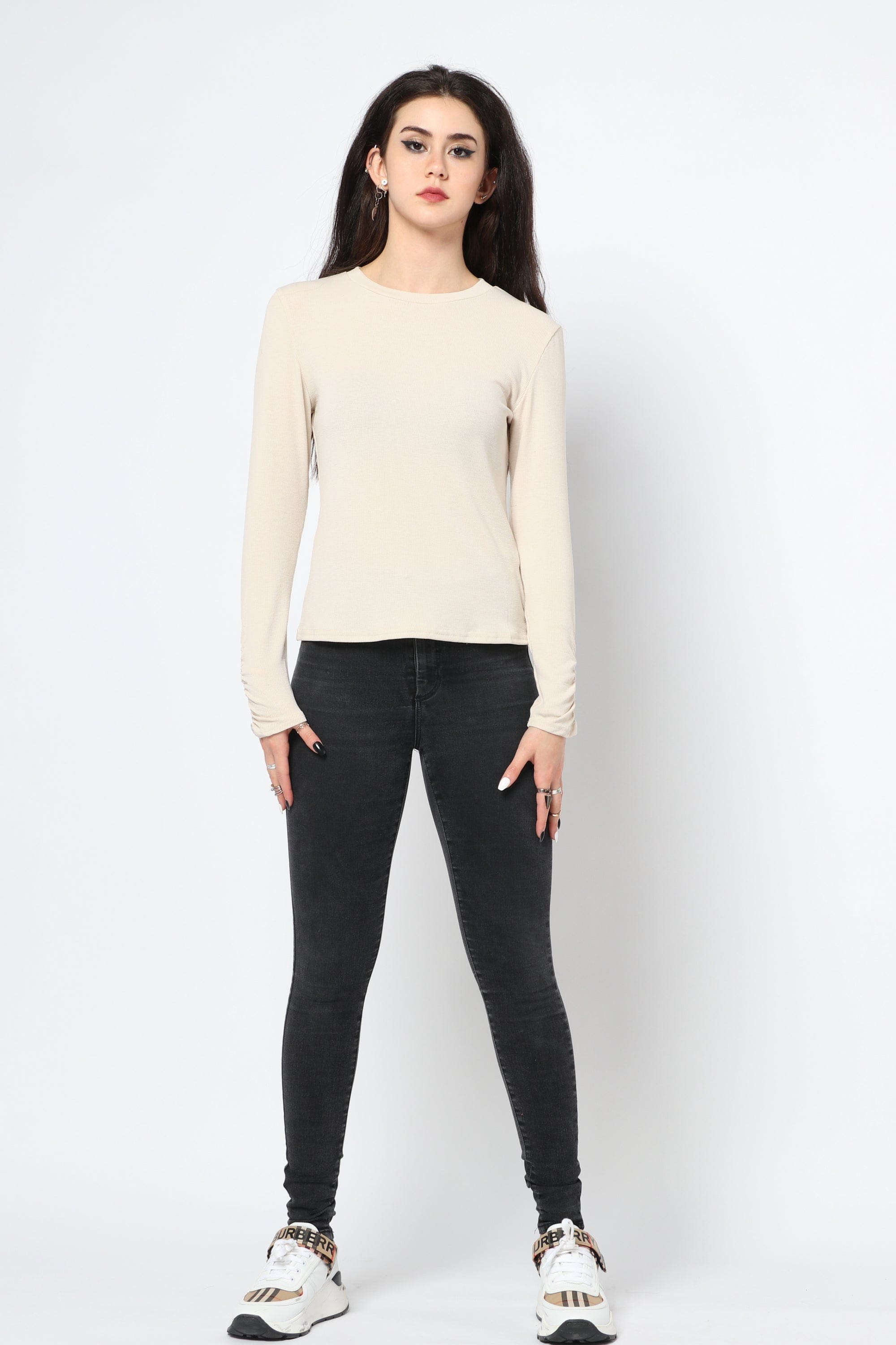 كيتشن بلوزة سادة مضلعة بكم طويل نسائي