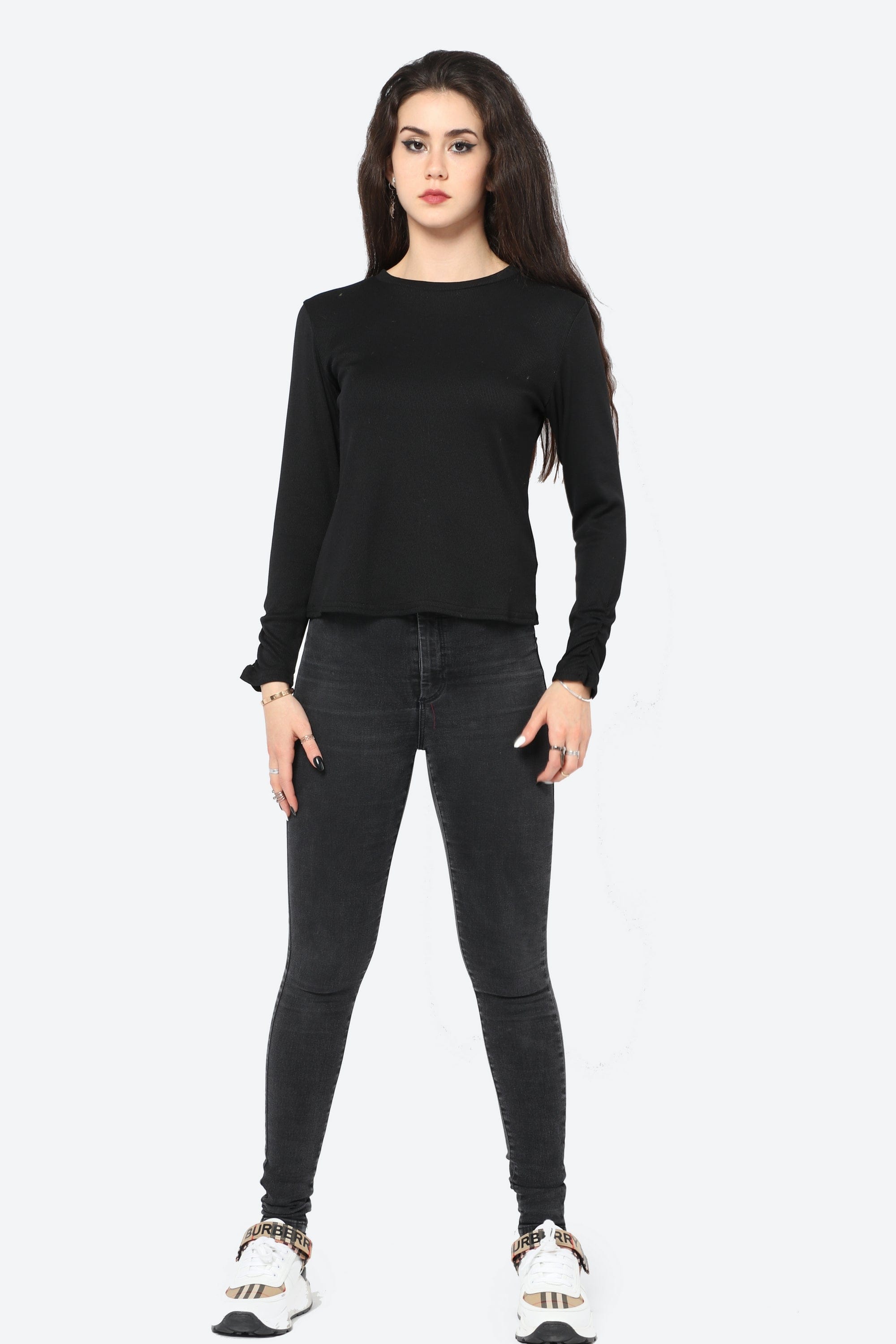 كيتشن بلوزة سادة مضلعة بكم طويل نسائي