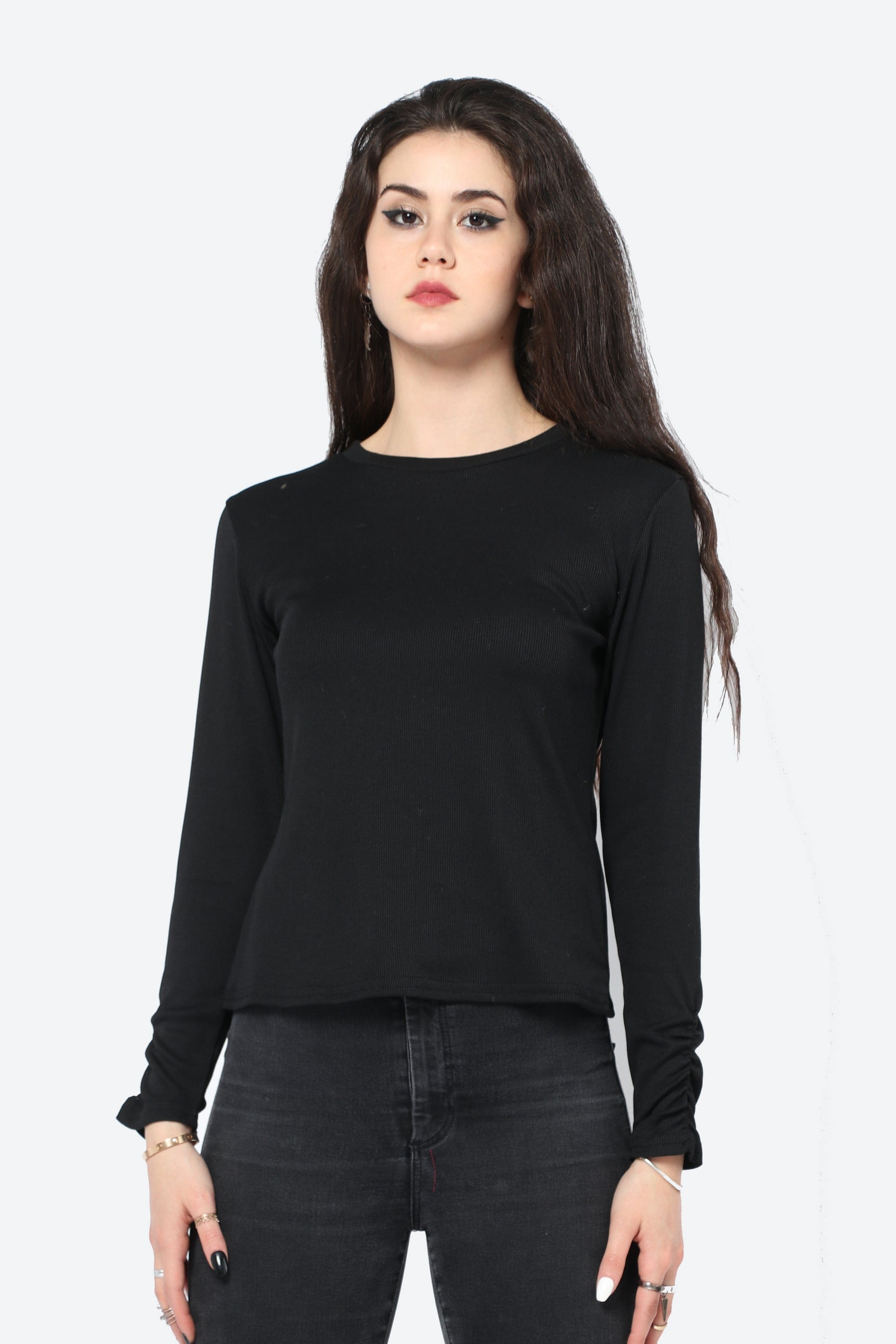 كيتشن بلوزة سادة مضلعة بكم طويل نسائي