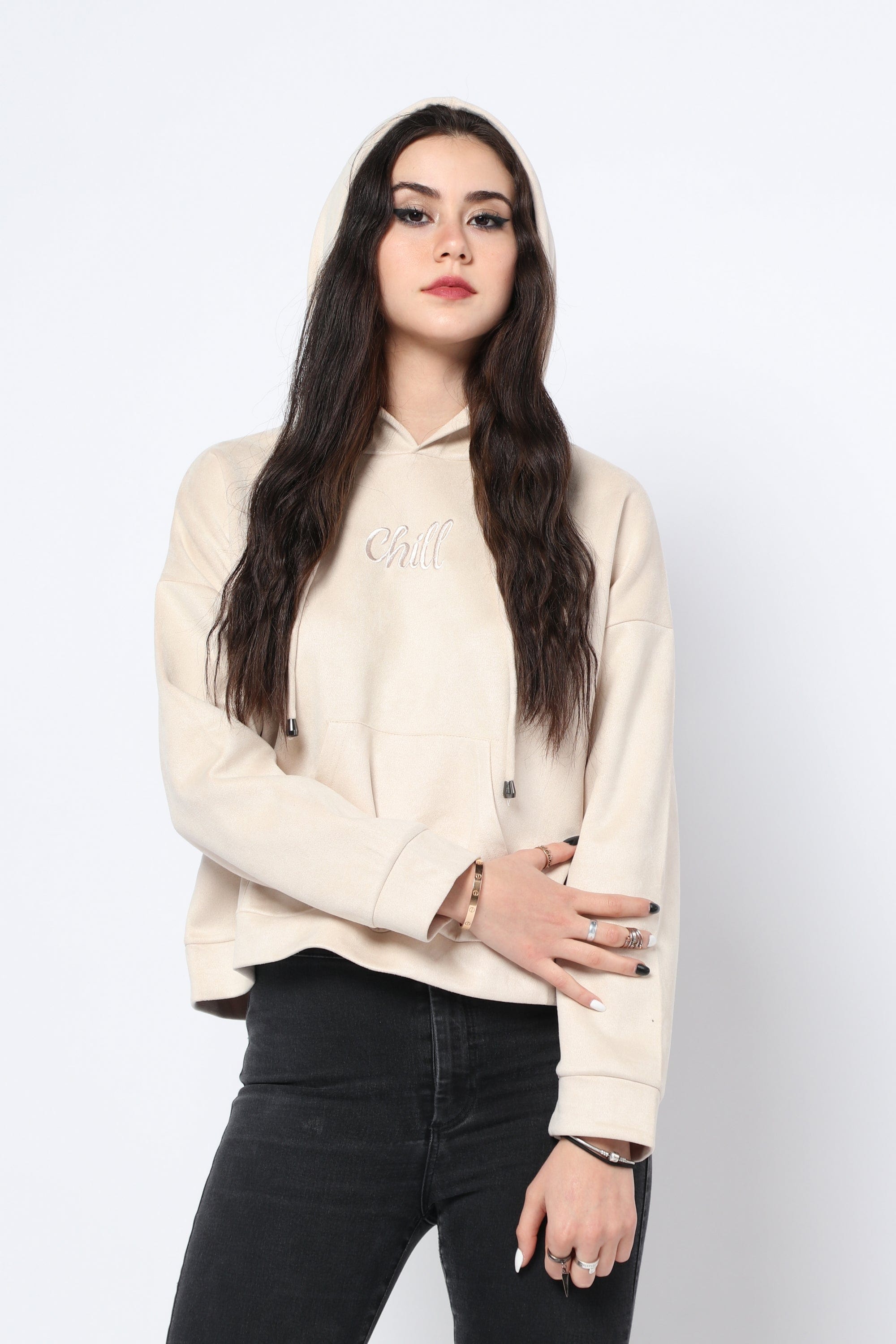 كيتشن بلوزة هودي قطن بقبعة بكم طويل نسائي