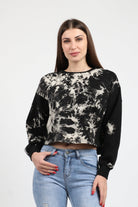 كيتشن بلوزة مصبوعة نص بطن كم طويل نسائي أسود