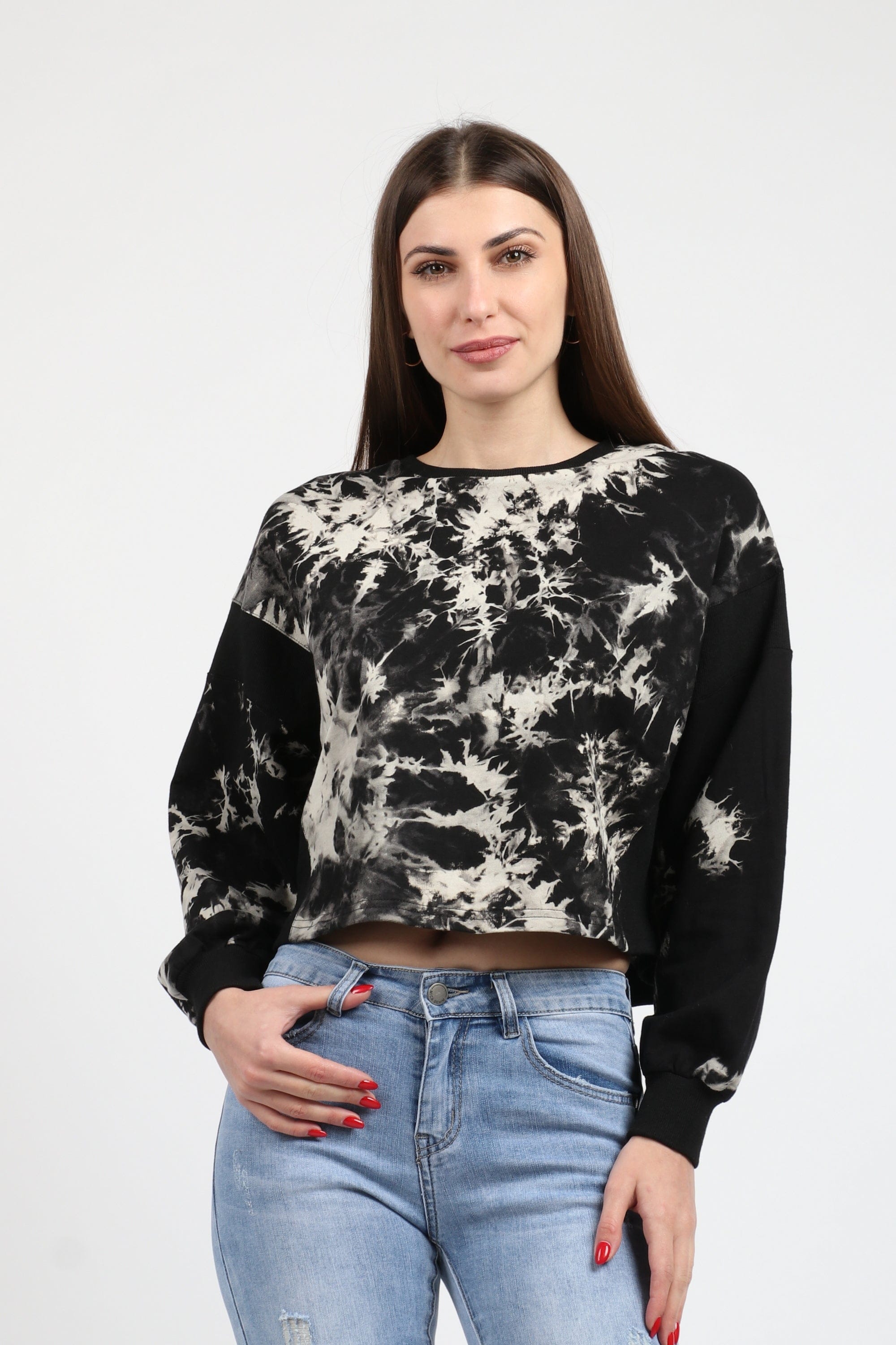 كيتشن بلوزة مصبوعة نص بطن كم طويل نسائي أسود