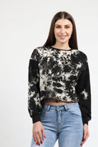 كيتشن بلوزة مصبوعة نص بطن كم طويل نسائي أسود