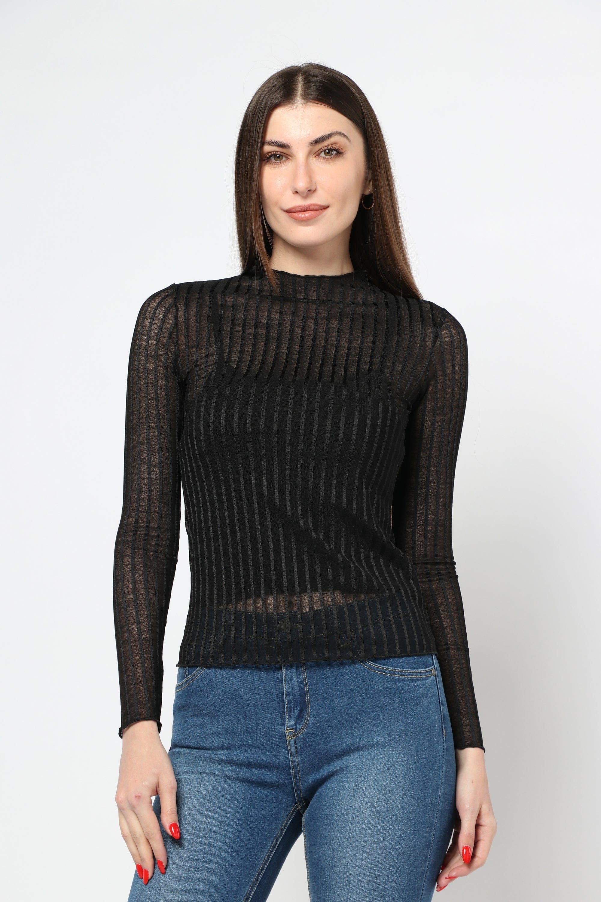 كيتشن بلوزة ضيقة مخططة شفافة كم طويل نسائي