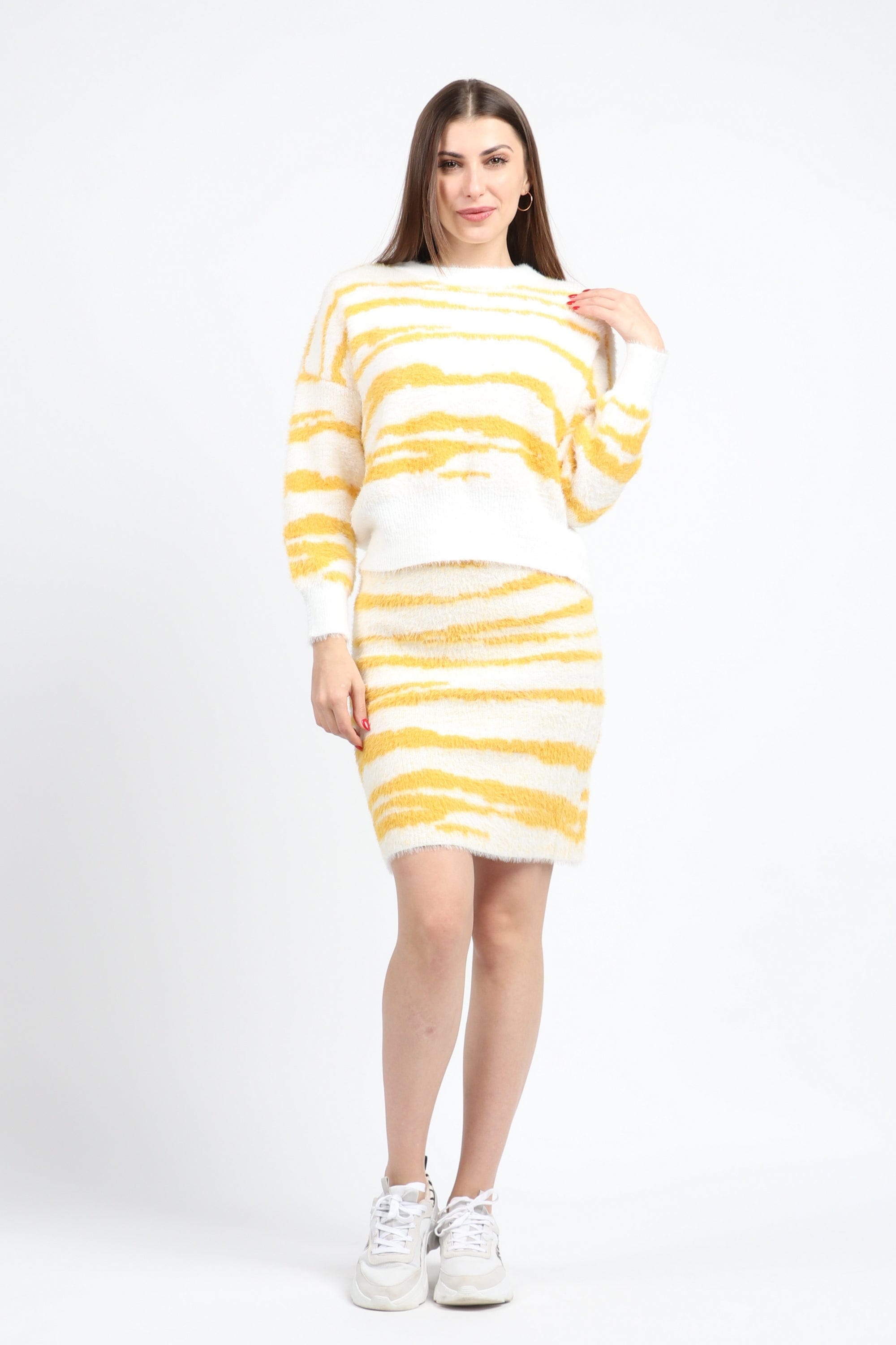 كيتشن بلوزة مخططة عريض ناعمة بكم طويل نسائي أصفر