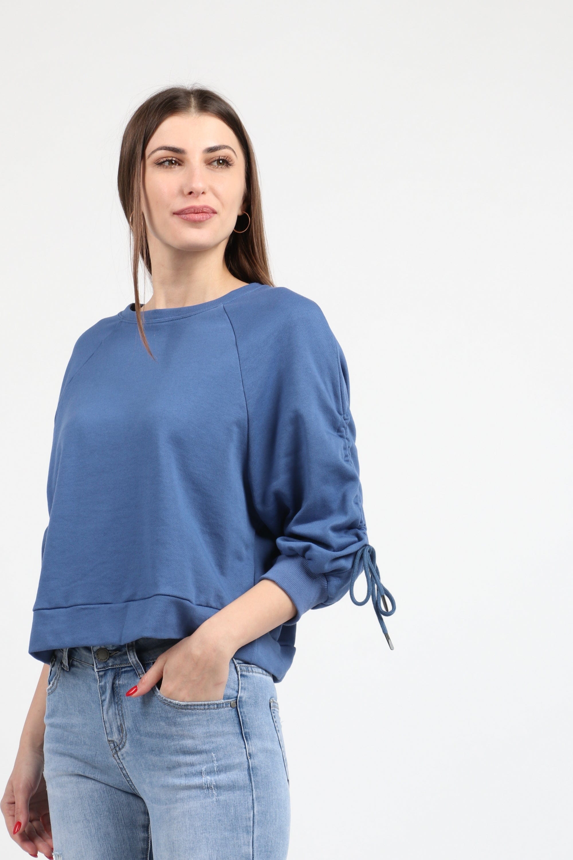 كيتشن بلوزة قطنية بكم طويل بربطات من الاكمام نسائي