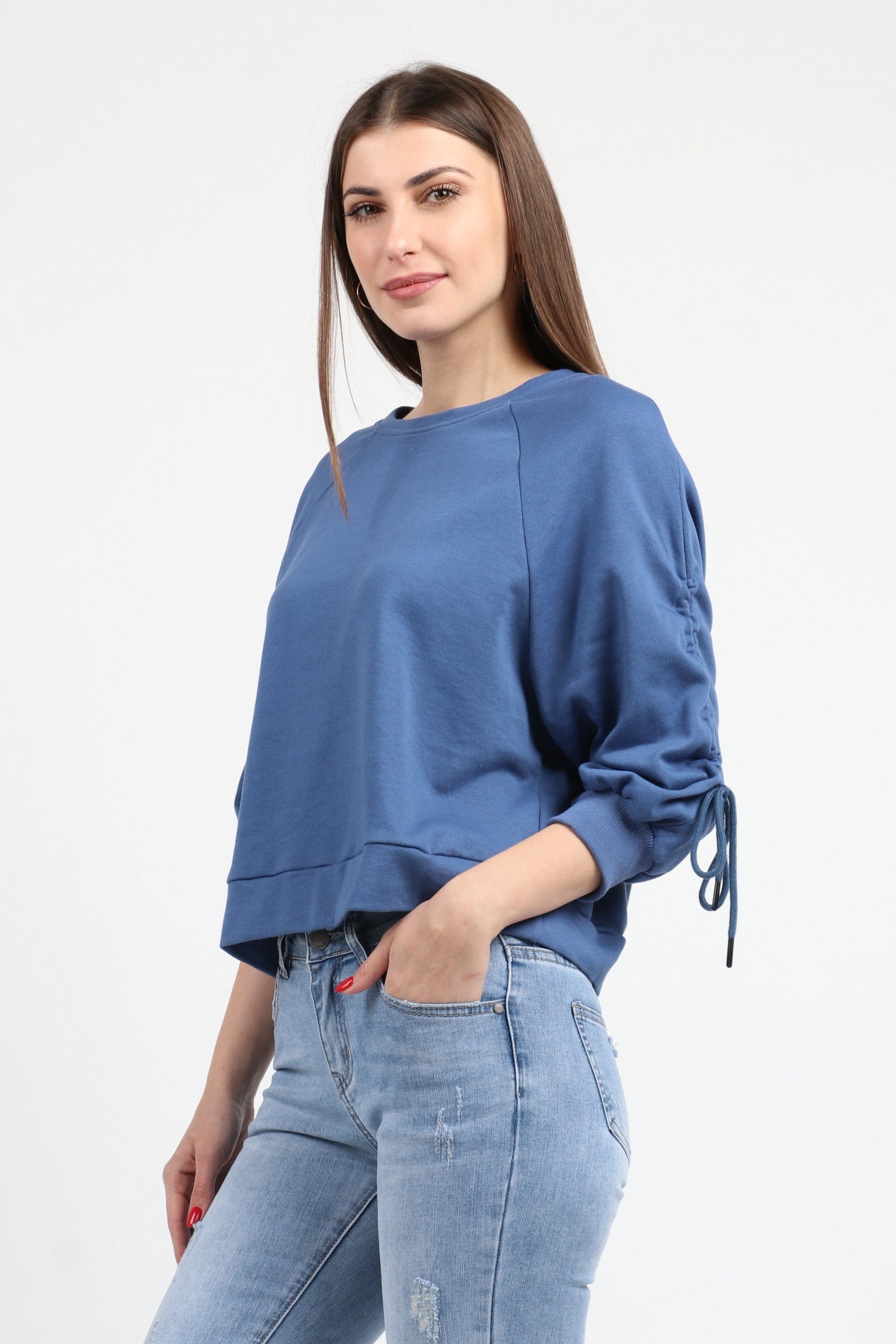 كيتشن بلوزة قطنية بكم طويل بربطات من الاكمام نسائي