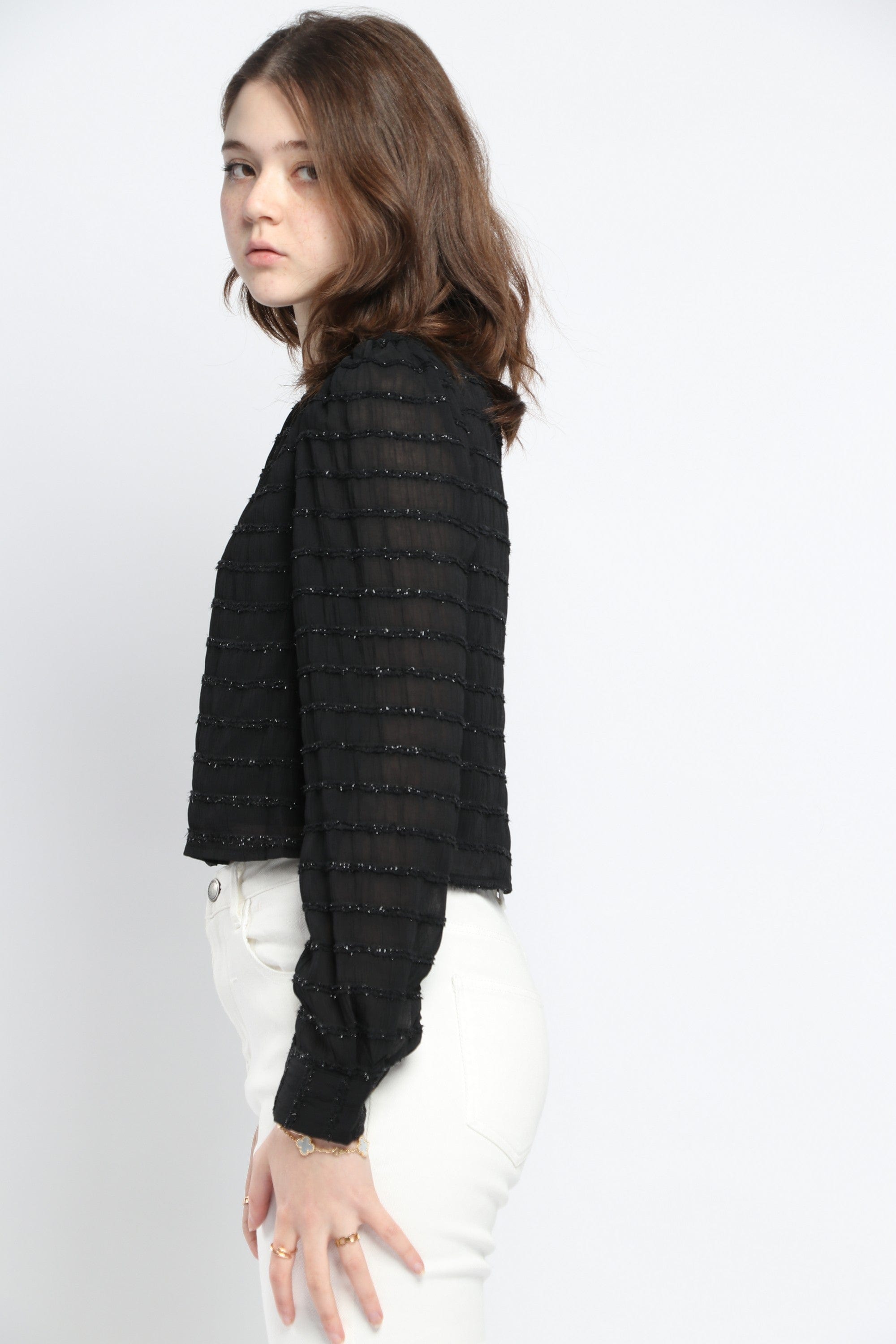 كيتشن بلوزة مخططة بالعرض لامعة كم طويل نسائي