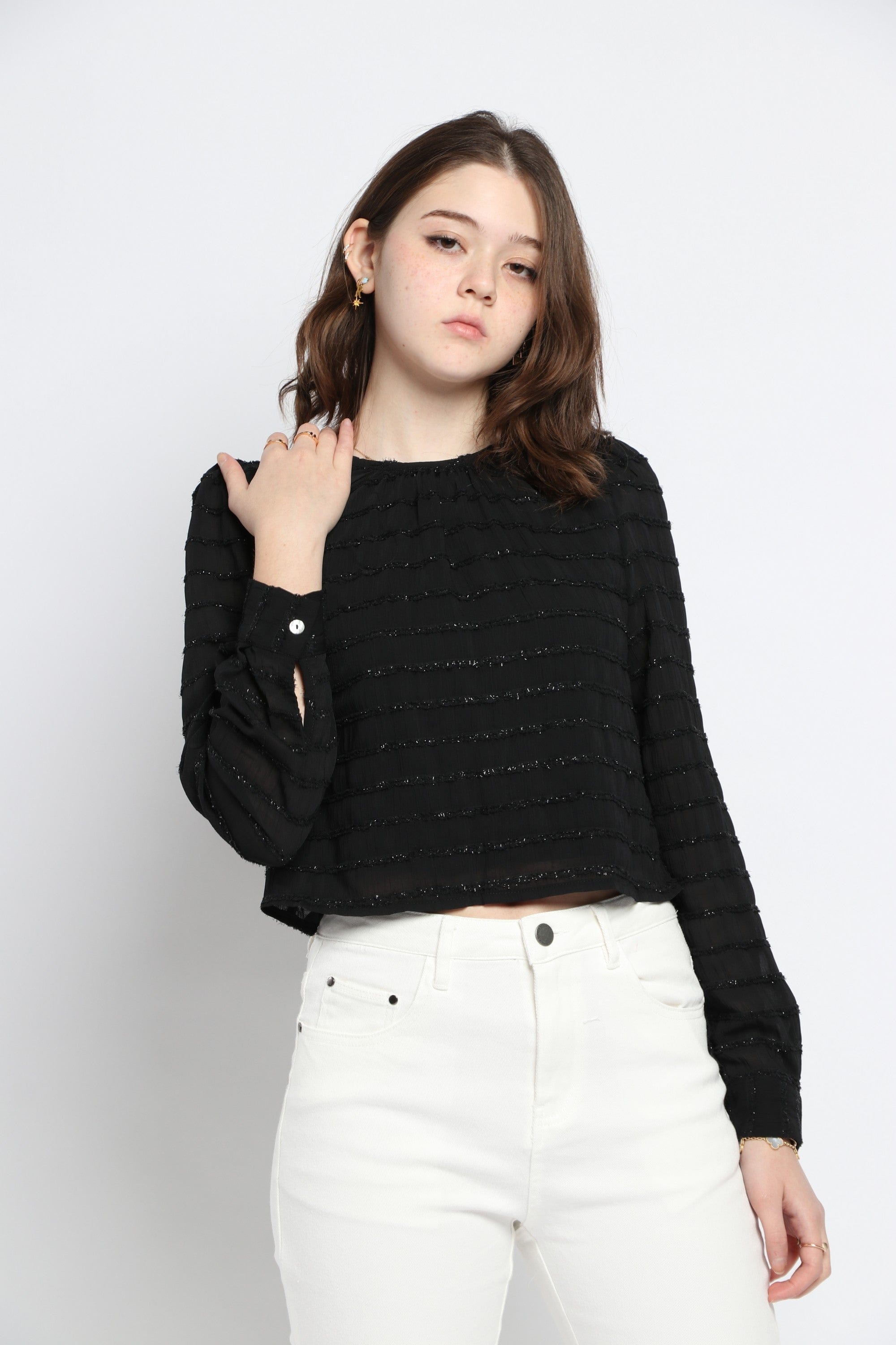 كيتشن بلوزة مخططة بالعرض لامعة كم طويل نسائي