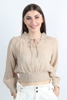 كيتشن بلوزة بأكمام طويلة نص بطن برباط على الرقبة