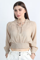 كيتشن بلوزة بأكمام طويلة نص بطن برباط على الرقبة