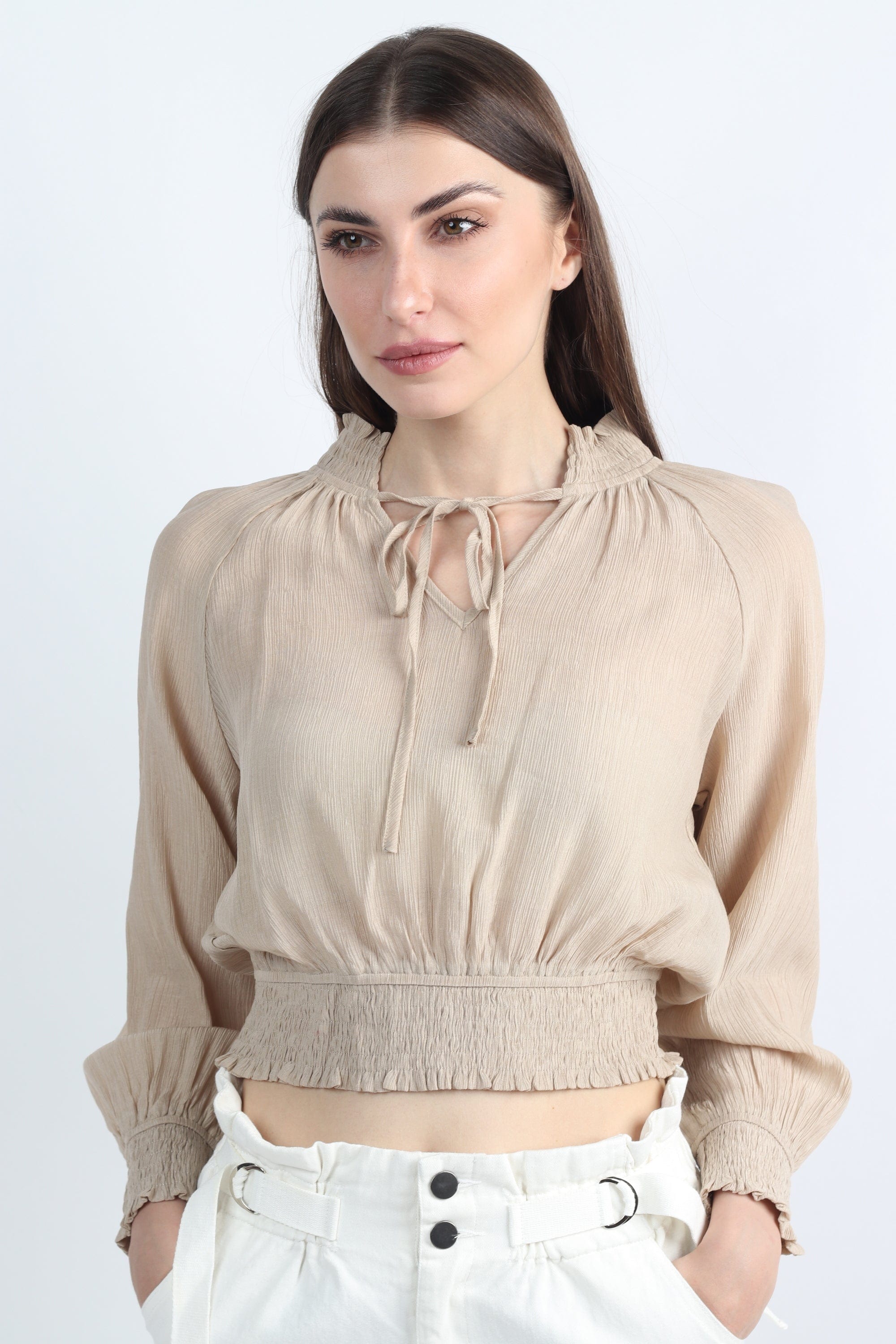 كيتشن بلوزة بأكمام طويلة نص بطن برباط على الرقبة