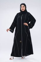 جوهرة عباية كتان سوداء كلاسيك مخططة بطريز بالطول كم طويل أسود