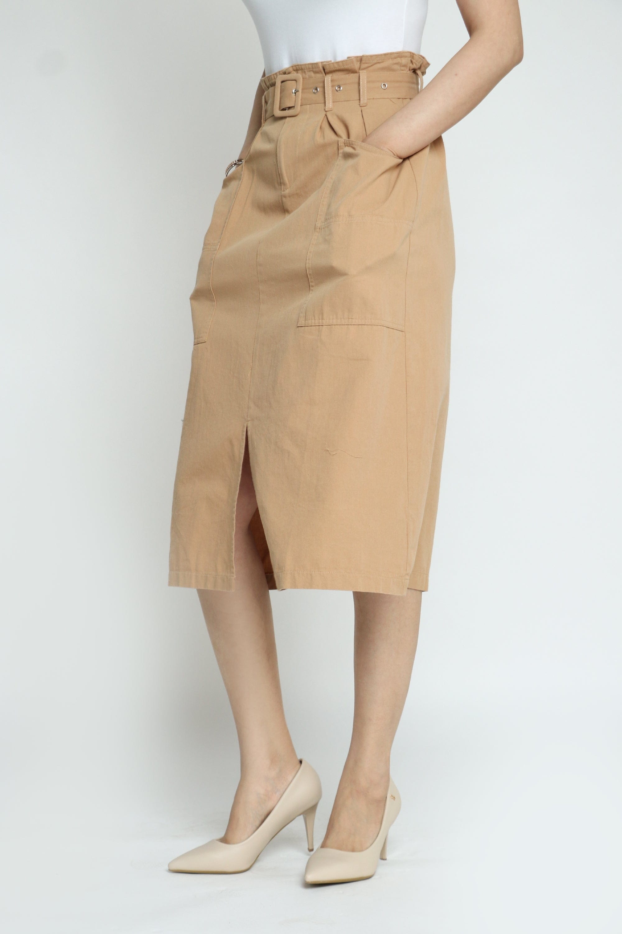 كيتشن تنورة ميدي قطن كاجوال بجيوب كبيرة وحزام وفتحة أمامية