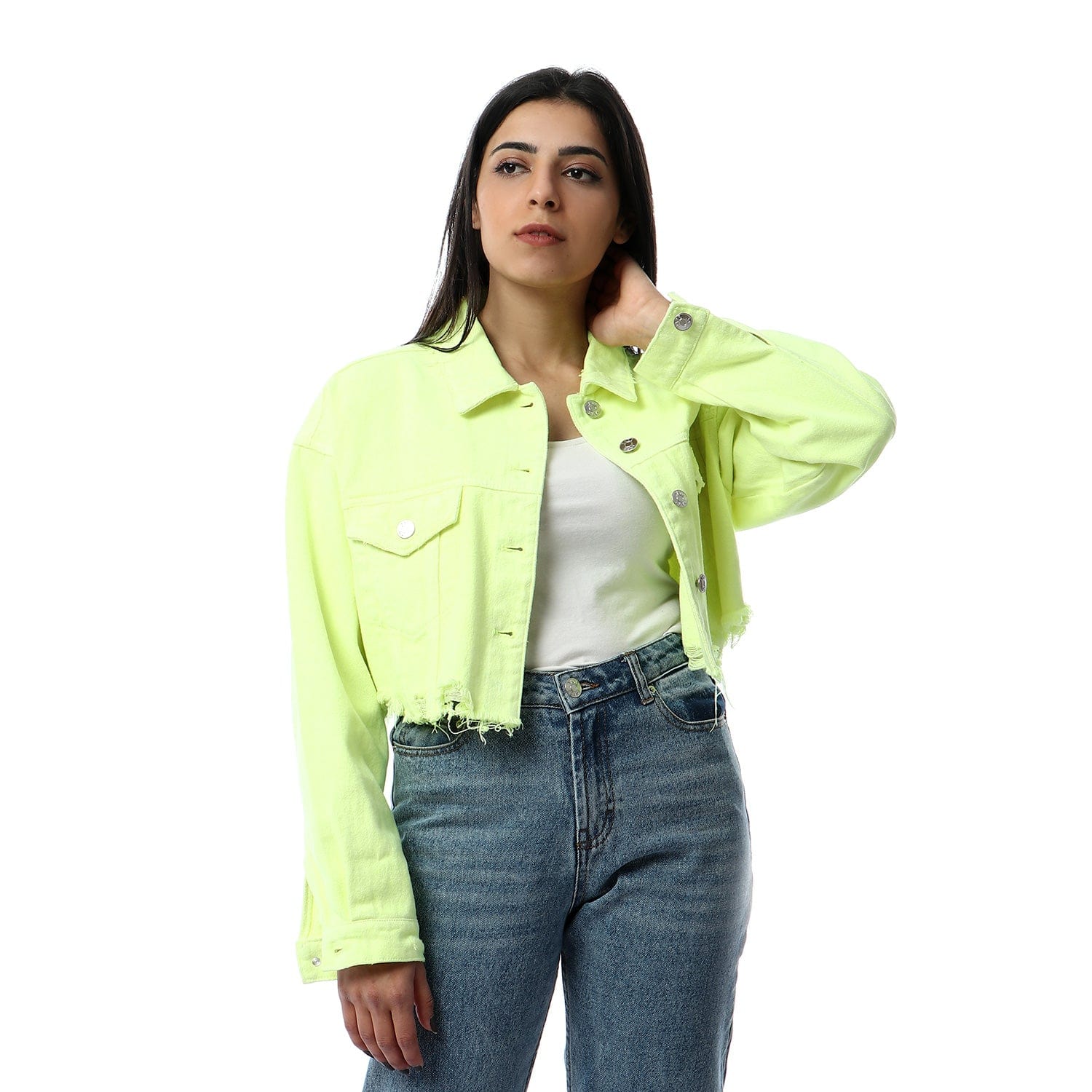 داليدرس جاكيت قصير سادة فاتح جينز كم طويل نسائي أصفر