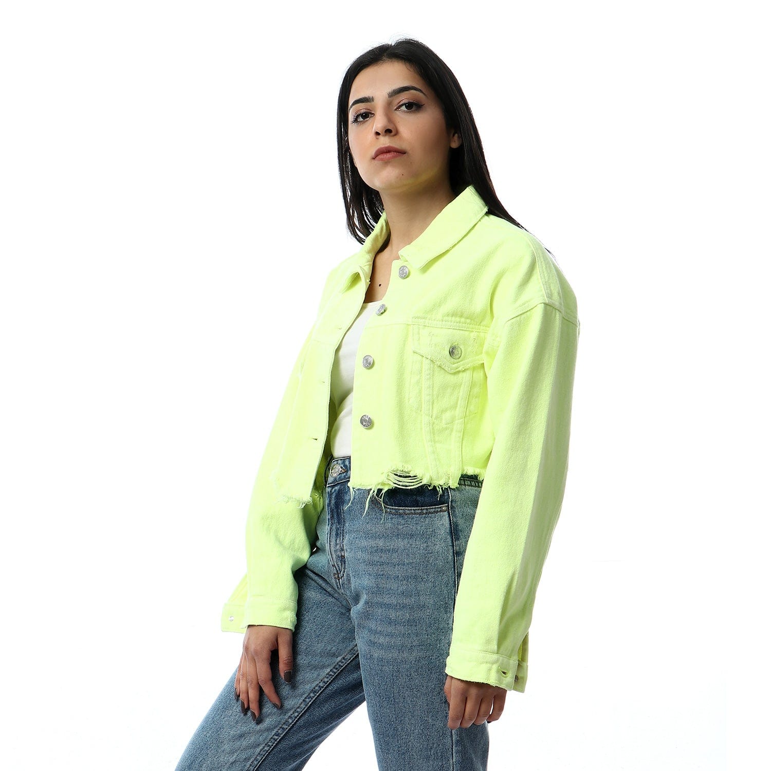 داليدرس جاكيت قصير سادة فاتح جينز كم طويل نسائي أصفر