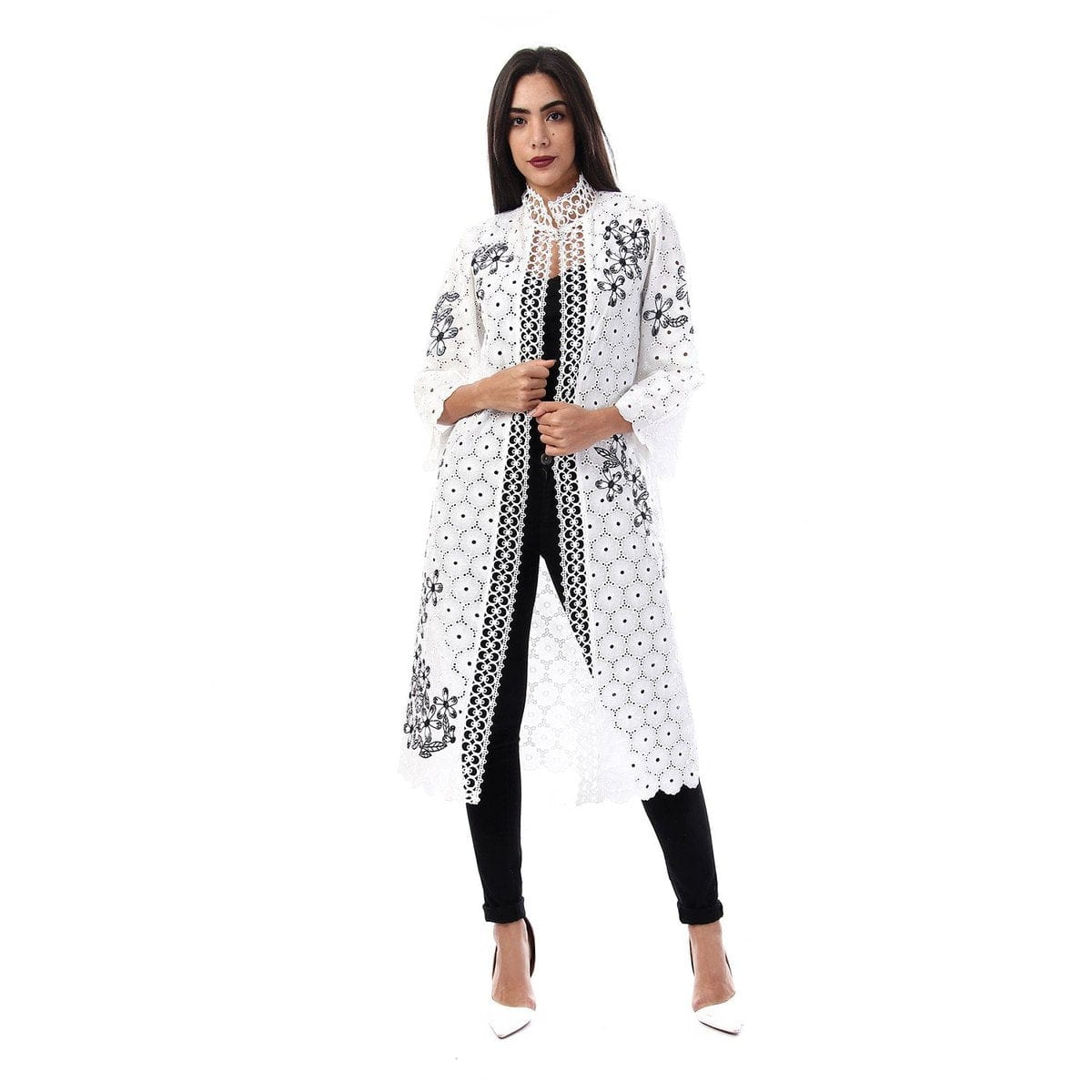 داليدرس كيمونو طويل منقوش كم طويل نسائي أبيض/أزهار