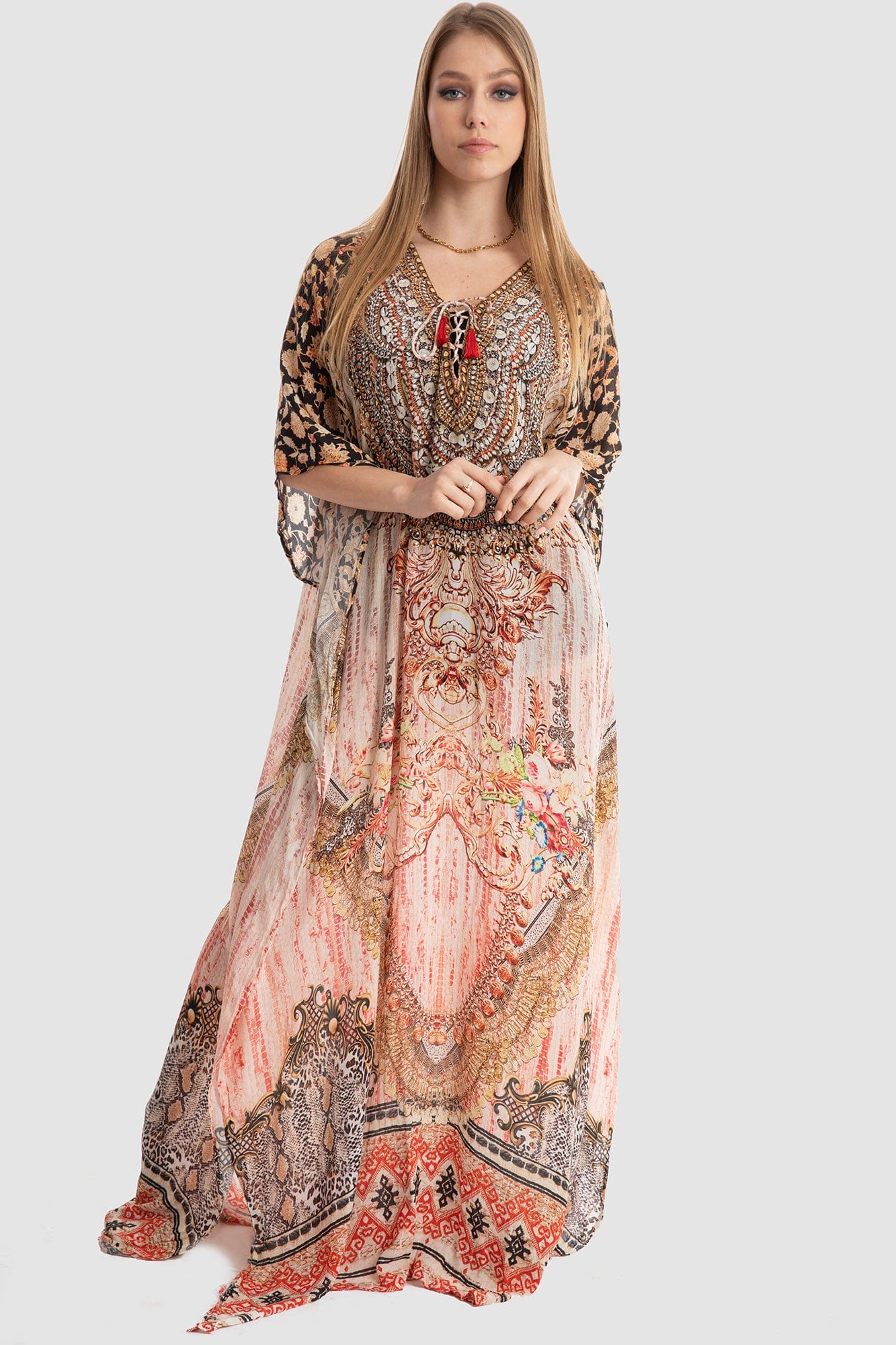 داليدرس قفطان منقوش واسع طويل نسائي وردي/أسود