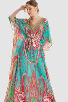 داليدرس قفطان منقوش واسع 3/4 كم برباط نسائي أكوا/برتقالي