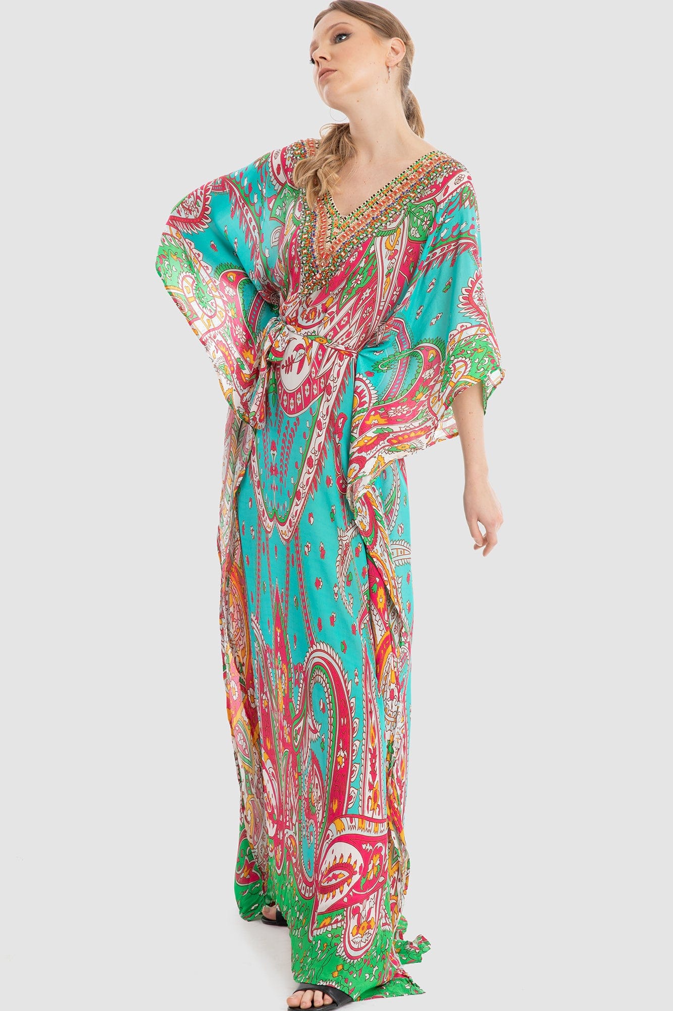 داليدرس قفطان منقوش واسع 3/4 كم برباط نسائي أكوا/برتقالي