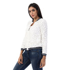 داليدرس جاكيت مخرم كم طويل مزين بالكرات نسائي أبيض/كحلي