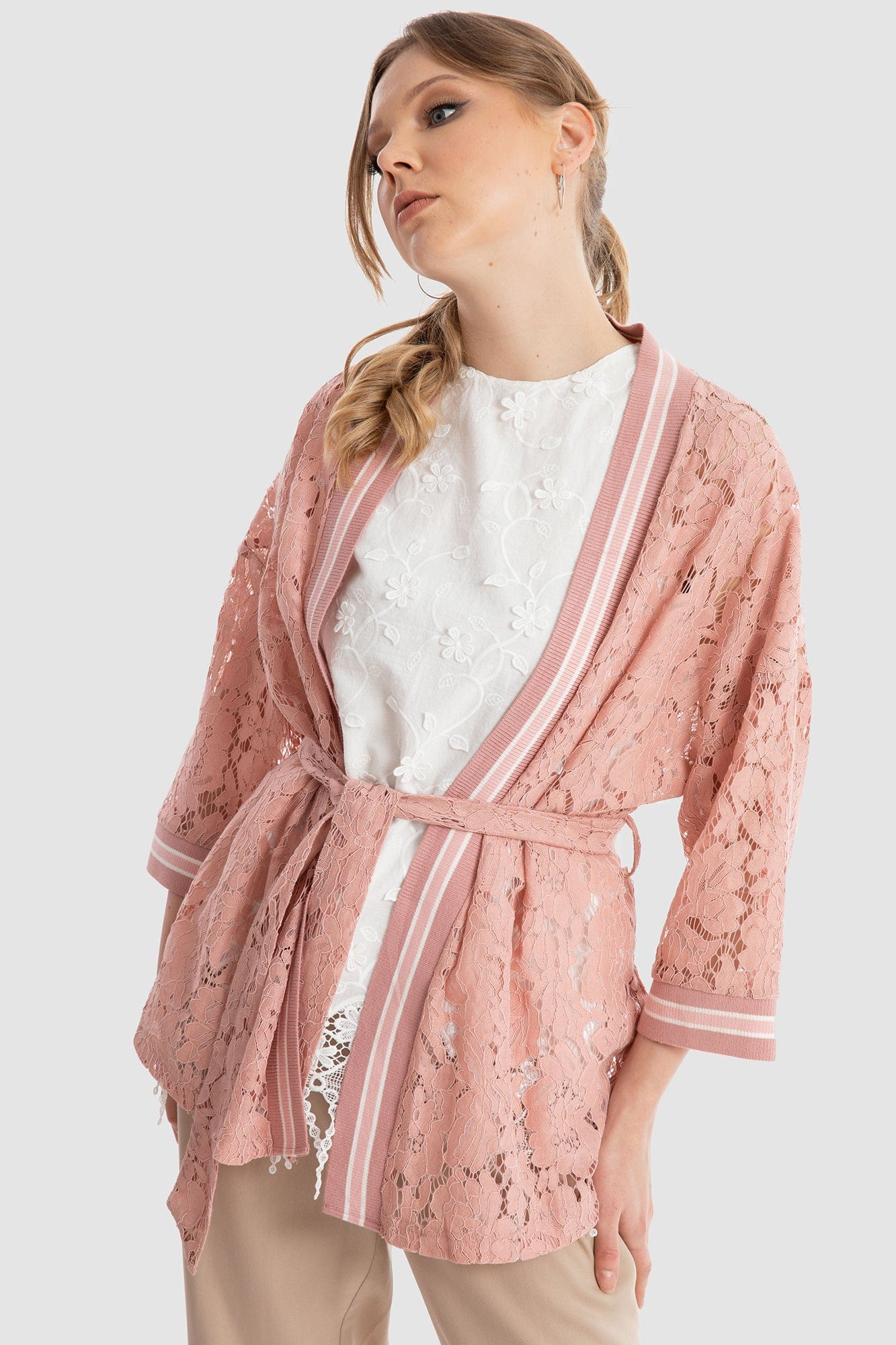 داليدرس كيمونو دانتيل برباط على الخصر 3/4 كم نسائي وردي