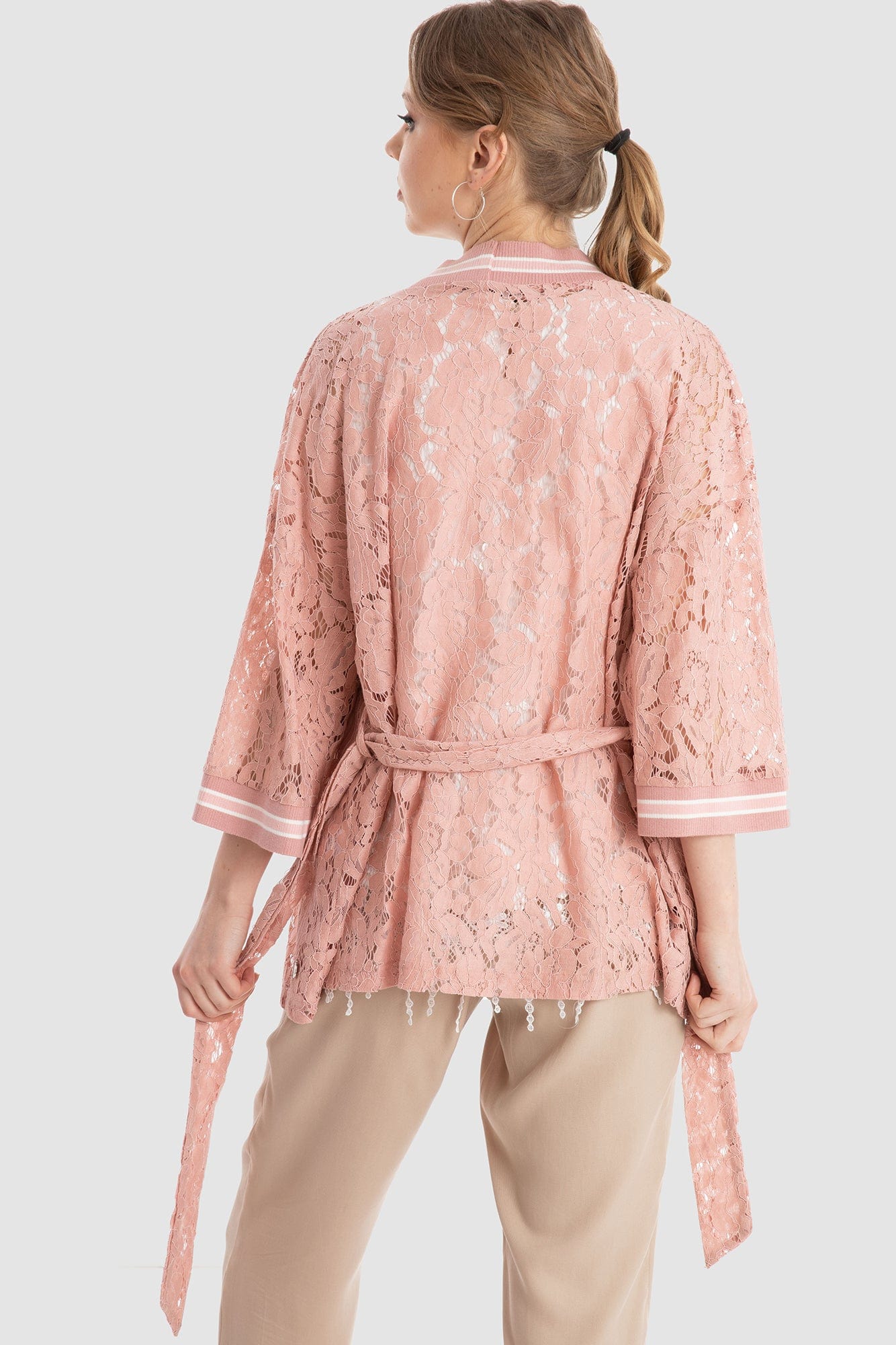 داليدرس كيمونو دانتيل برباط على الخصر 3/4 كم نسائي وردي