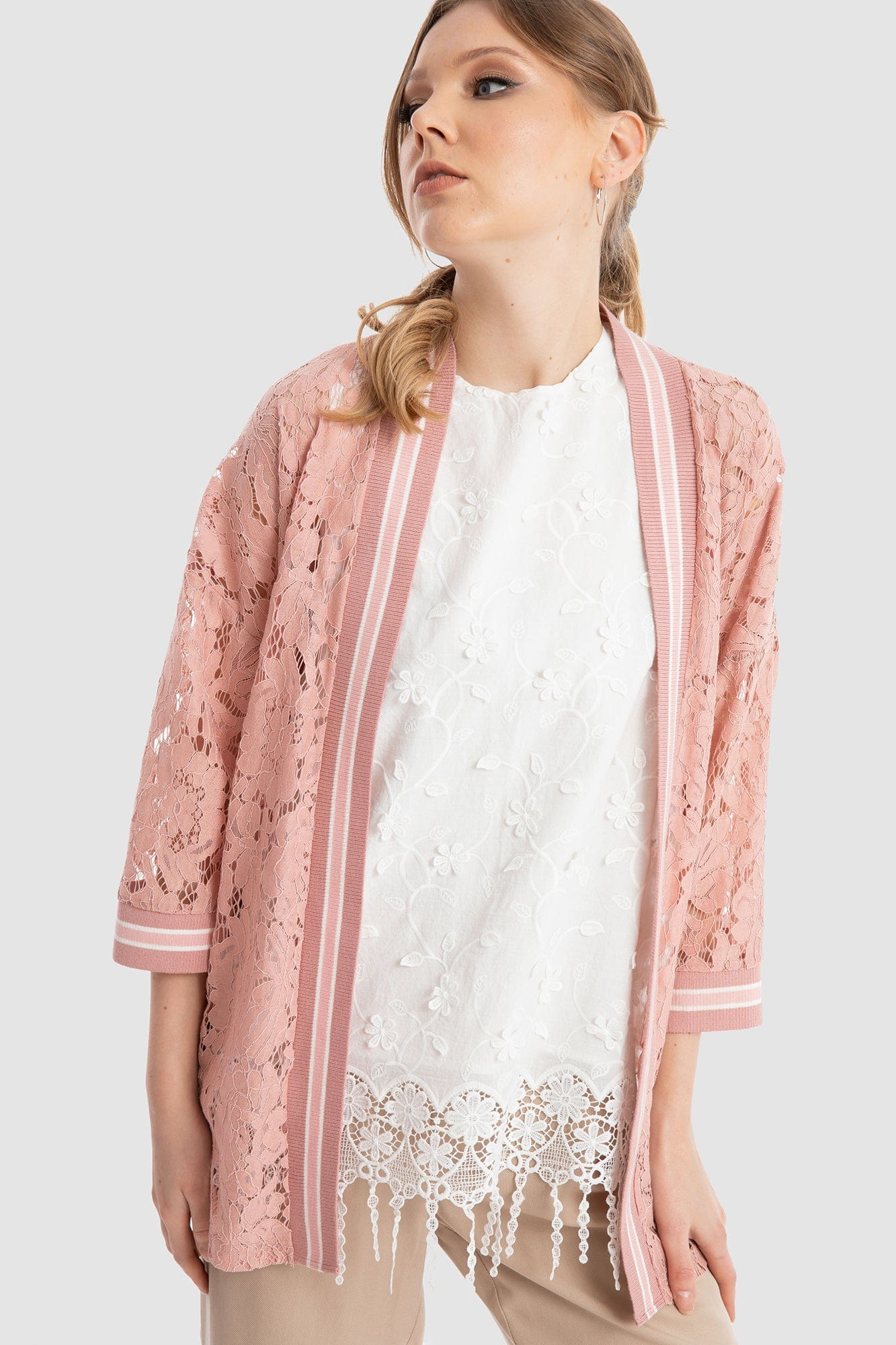 داليدرس كيمونو دانتيل برباط على الخصر 3/4 كم نسائي وردي