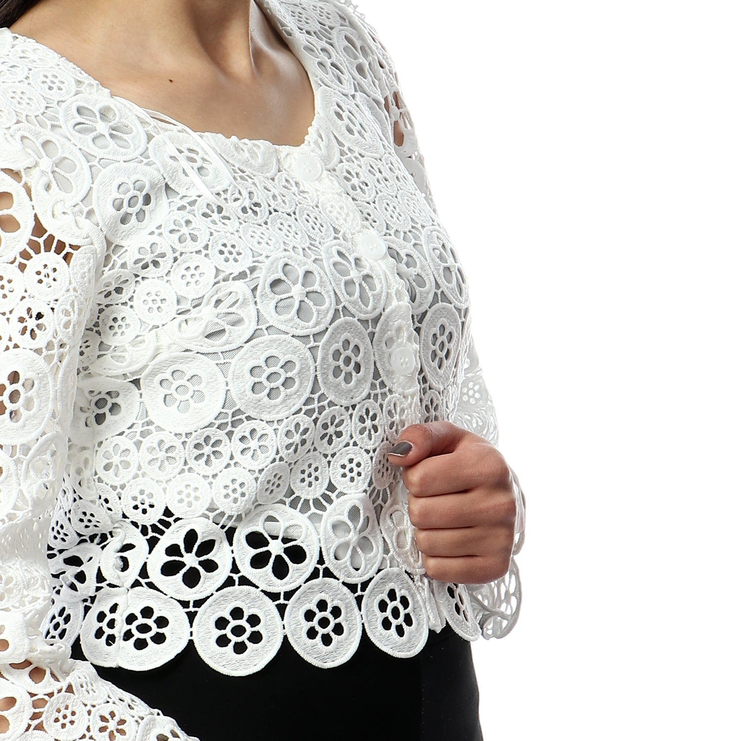 داليدرس جاكيت خصر مرتفع مخرم كم طويل نسائي أوف وايت