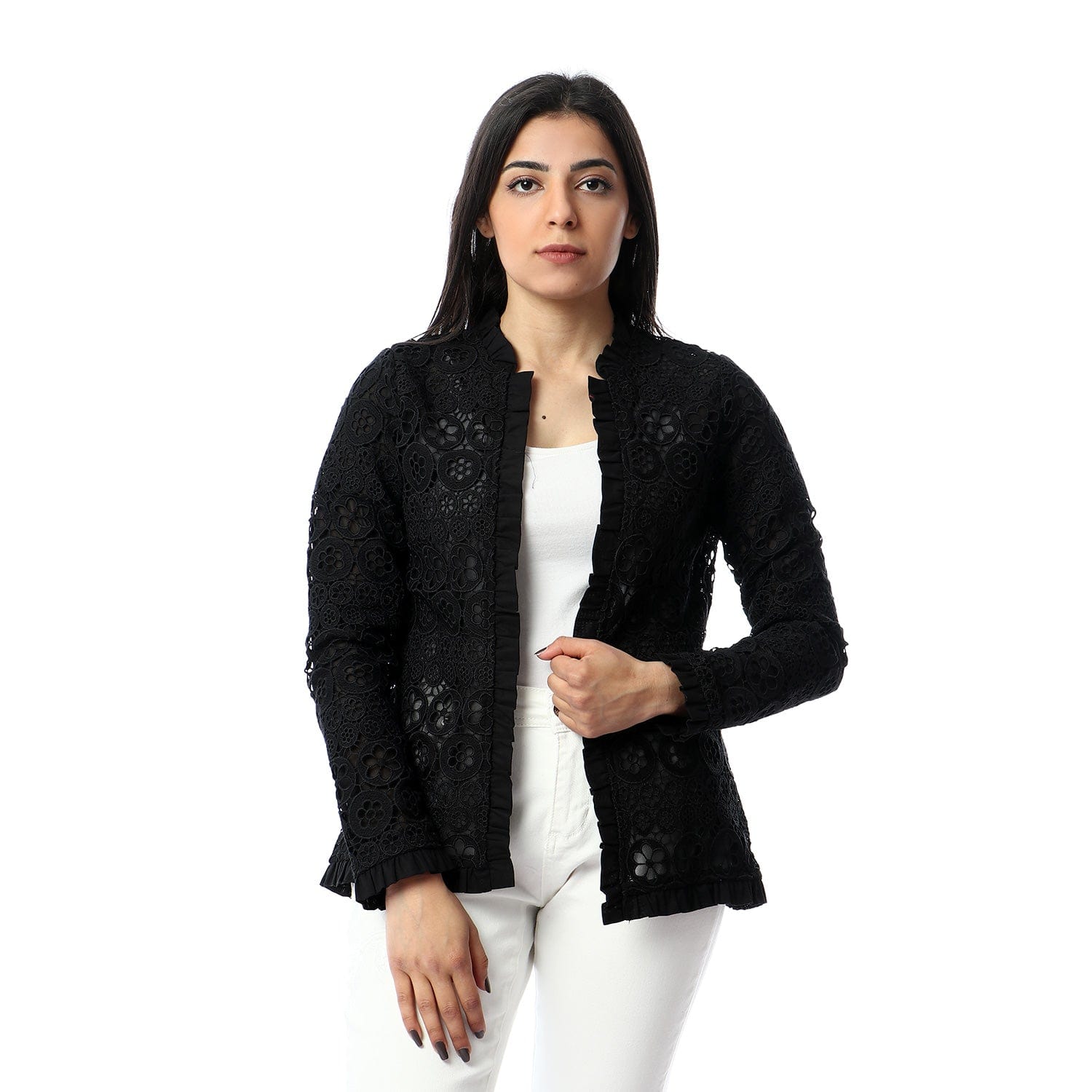 داليدرس جاكيت دانتيل كم طويل بورود نسائي أسود