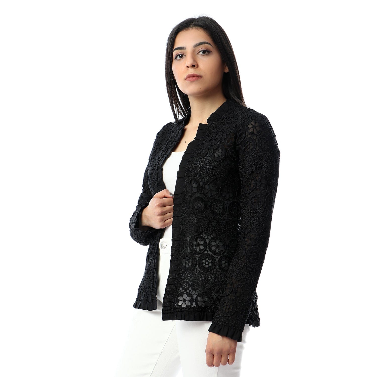 داليدرس جاكيت دانتيل كم طويل بورود نسائي أسود