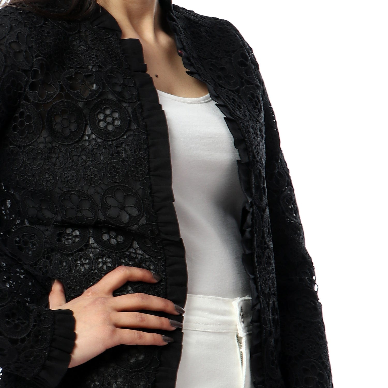 داليدرس جاكيت دانتيل كم طويل بورود نسائي أسود