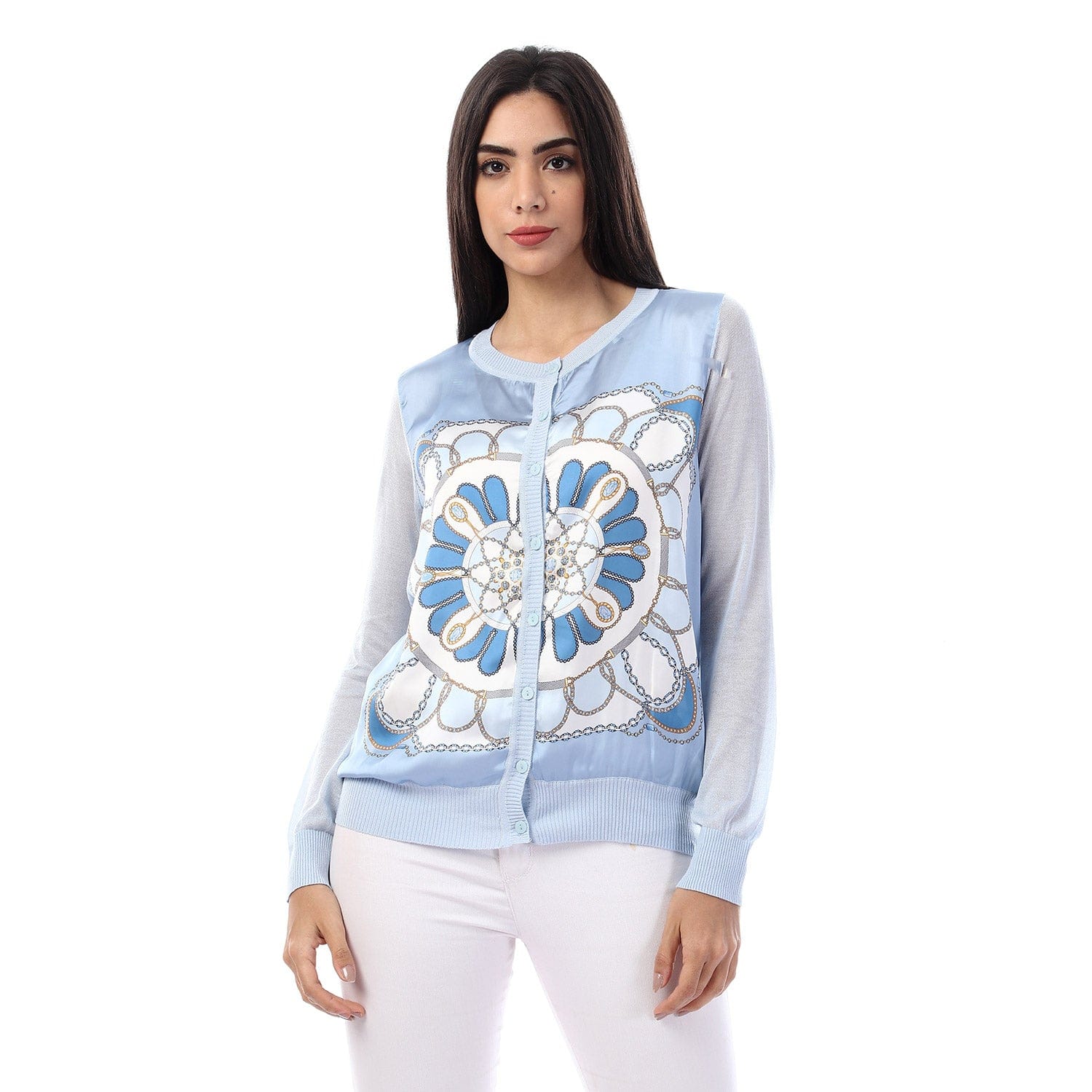 داليدرس كارديجان قصير منقوش بسحاب كم طويل نسائي أزرق فاتح